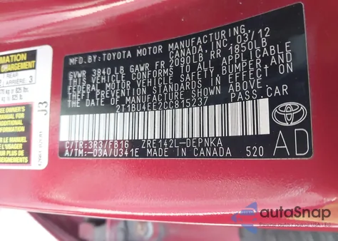 2012 Toyota Corolla Le from USA, damaged, VIN 2T1BU4EE2CC815237